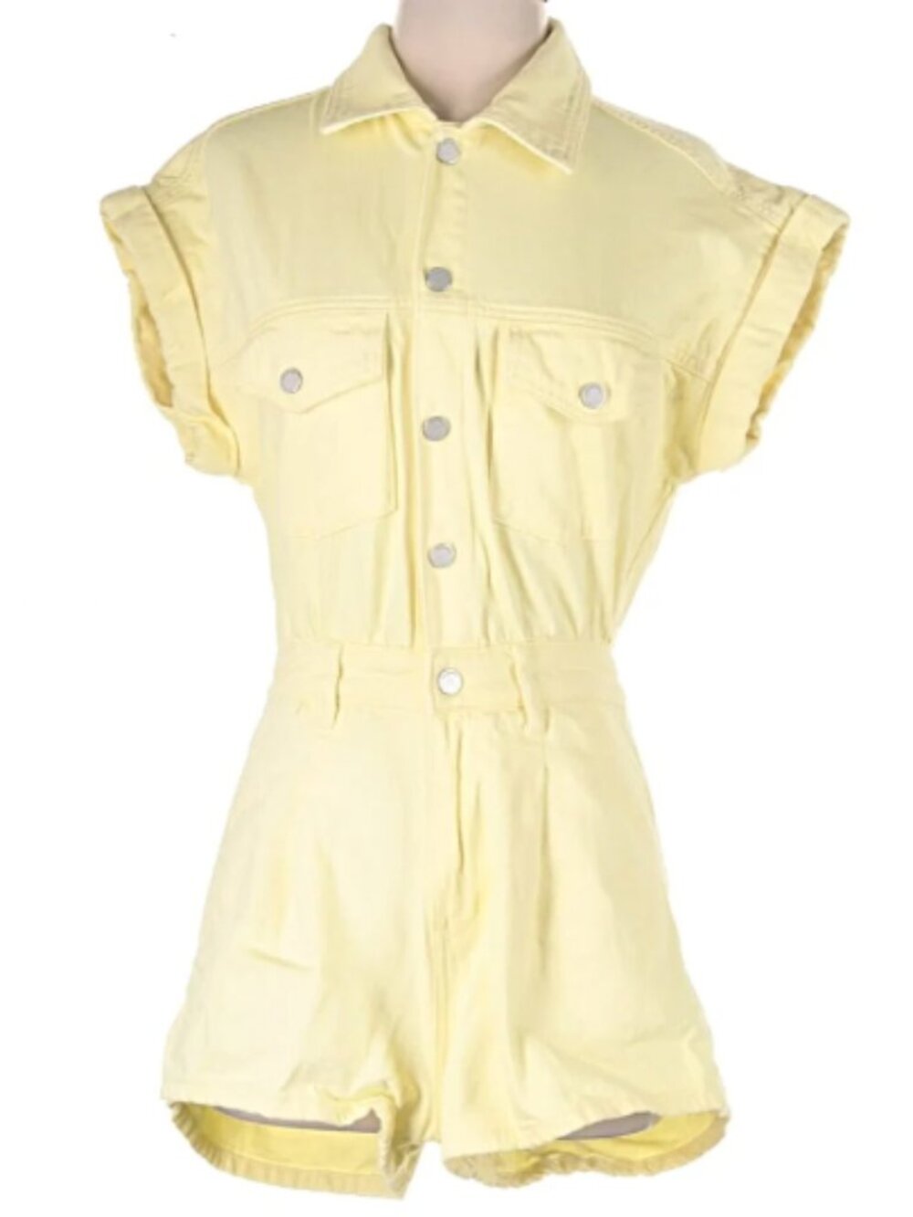 BlankNYC Yellow Romper denim cotton shorts coveralls metal buttons size Large